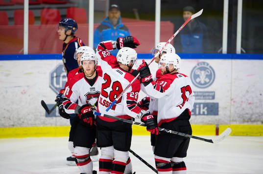Malmö Redhawks Jens Olsson, Fredrik Storm och Joey Tenute