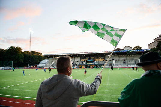 En hammarbysupporter viftar med flagga innan