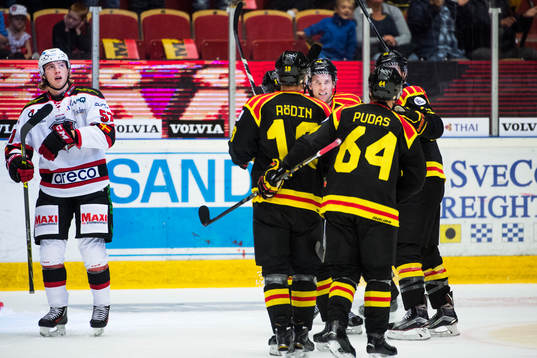 Brynäs Greg Scott firar 1-1 av Nick Johnson