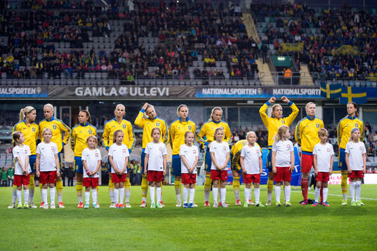 Sveriges spelare vid lineup innan EM-kvalmatchen i fotboll