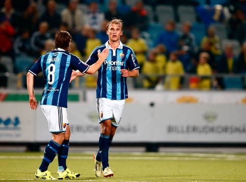 Djurgårdens Kevin Walker och Sebastian Andersson jublar