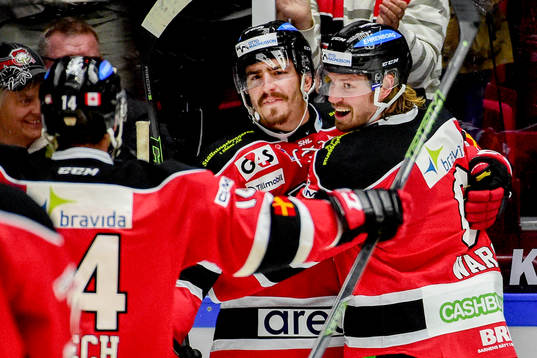Malmö Redhawks Stefan Warg och Peter Mueller jublar