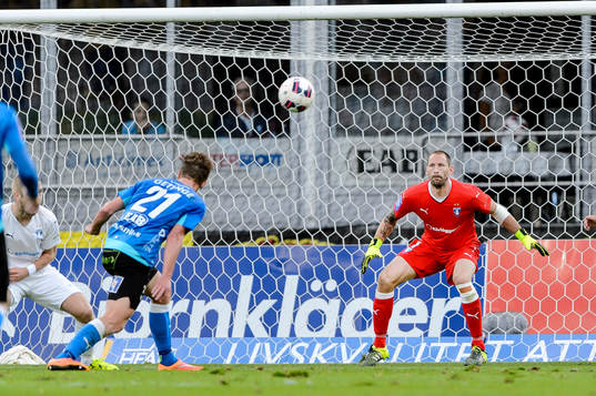 Halmstads Andreas Bengtsson nickar mot Malmös målvakt