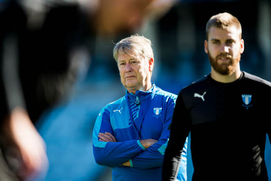 Malmös tränare Åge Hareide och Rasmus Bengtsson