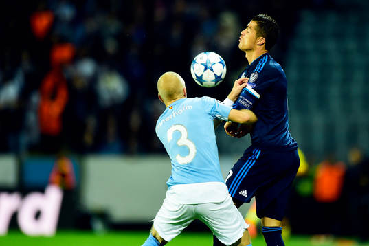 Malmö FFs Anton Tinnerholmoch Real Madrids Cristiano