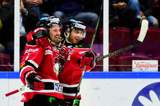 Malmö Redhawks Derek Meech och Stefan Warg jublar