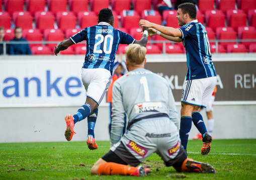Djurgårdens Sam Johnson och Kerim Mrabti jublar