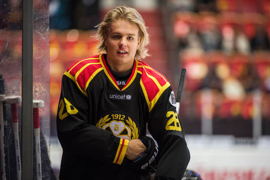 Brynäs Hampus Eriksson före ishockeymatchen i SHL mellan