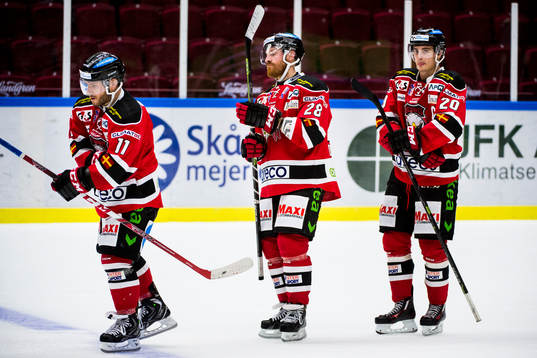 Malmö Redhawks Joey Tenute, Jens Olsson och Henrik Hetta