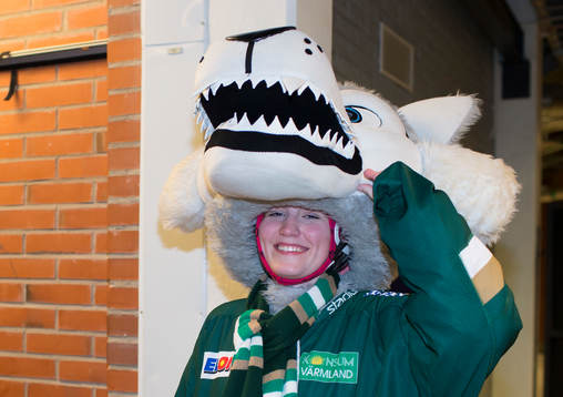 Färjestads maskot Ture Varg vädrar ansiktet