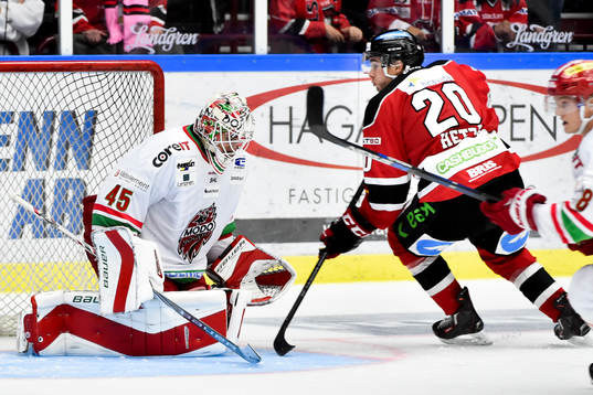 Modos målvakt Jonatan Bjurö och Malmö Redhawks Henrik