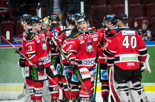 Malmö Redhawks Derek Meech jublar med lagkamraterna