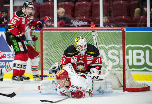 Malmö Redhawks målvakt Jonas Gunnarsson i närkam med