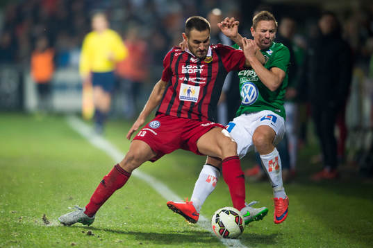 En spelare i Östersunds tacklar ut Jönköpings Fredrik