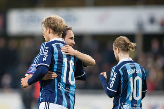 Djurgårdens Kevin Walker och Sebastian Andersson jublar
