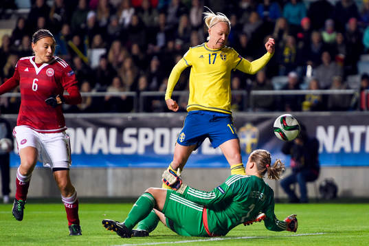 Sveriges Caroline Seger och Danmarks målvakt Stina Lykke