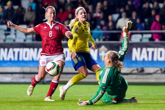 Danmarks Theresa Nielsen och målvakt Stina Lykke Petersen