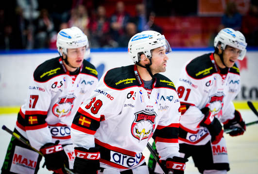 Jubel vid 3-1 målet Malmö Redhawks Johan Ivarsson, Eric