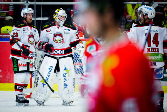 Malmö Redhawks Jens Olsson och målvakt Jonas Gunnarsson