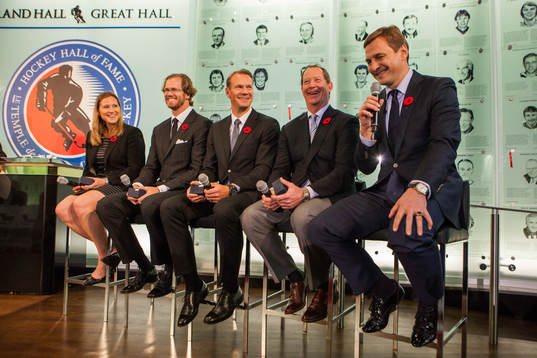 Nicklas Lidstrom and his fellow inductees are seen