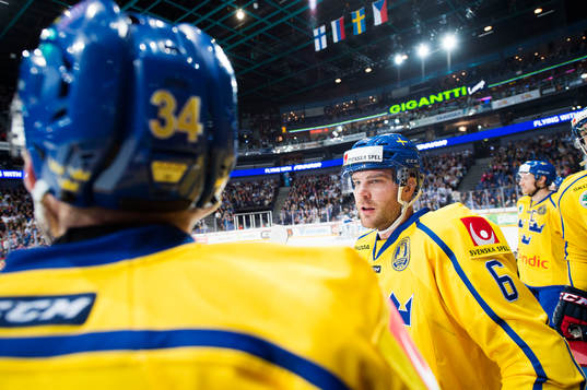 Sveriges Patrik Hersley pratar med Jonas Junland