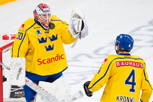 Sveriges målvakt Viktor Fasth jublar mot Staffan Kronwall