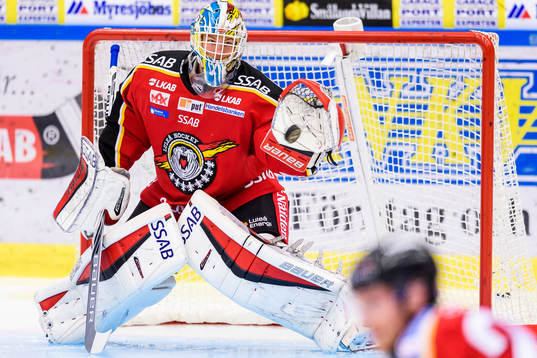 Luleås målvakt Filip Gustafsson på uppvärmningen