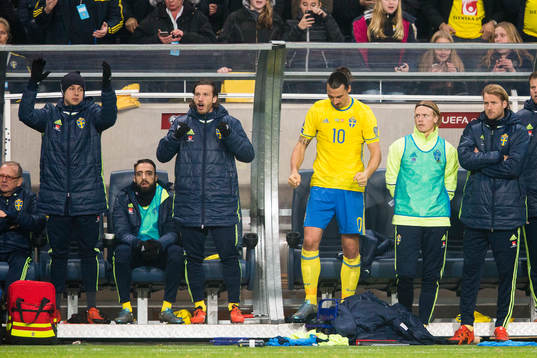 Sveriges Zlatan Ibrahimovic och övriga på bänken jublar