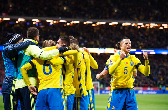 Sveriges spelare med Martin Olsson jublar