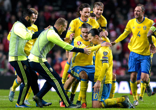 Sveriges spelare jublar just Zlatan Ibrahimovic