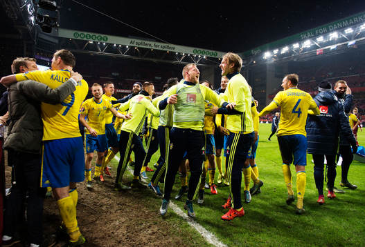 Sveriges spelare jublar mot publiken