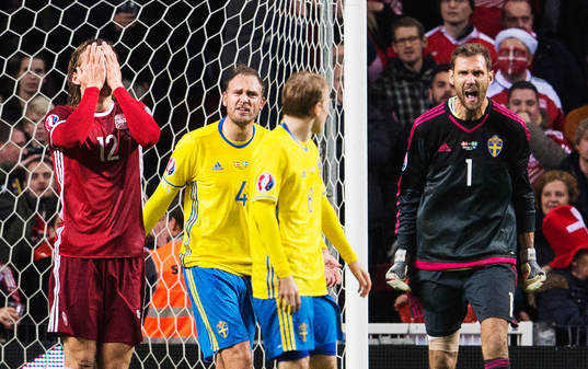 Danmarks Jannik Vestergaard deppar samtidigt som Sveriges