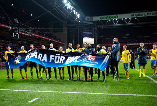 Sveriges spelare jublar och håller i en banderoll med