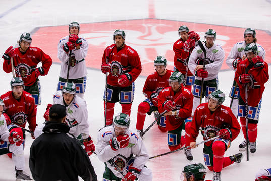 Frölundas tränare Roger Rönnberg håller en genomgång