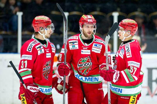 Modos Gustav Possler, Kyle Wilson och Emil Djuse jublar