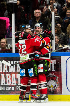 Malmö Redhawks T.J. Galiardi och Kent McDonell jublar