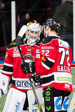 Malmö Redhawks målvakt Jonas Gunnarsson gratuleras av