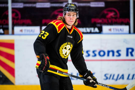 Brynäs Lucas Carlsson före ishockeymatchen i SHL mellan