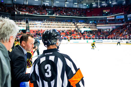 Brynäs tränare Thomas Berglund i samtal med Domare Linus