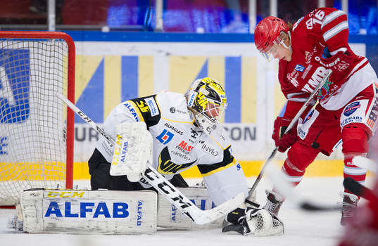 Västerås målvakt Marcus Dahlbom räddar skott från