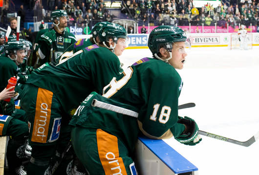 Färjestads Jesper Nordin (h) och Alexander Leandersson (v)