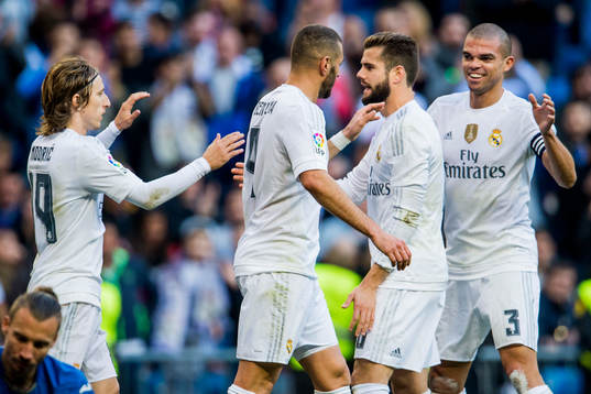 Real Madrids Luka Modric, Karim Benzema, Nacho Monreal och