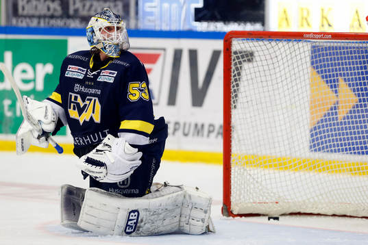 s målvakt Fredrik Pettersson-Wentzel med pucken bakom sig