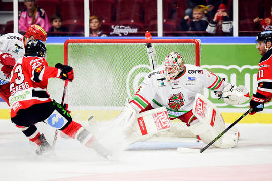Malmö Redhawks Christoffer Forsberg och Modos målvakt