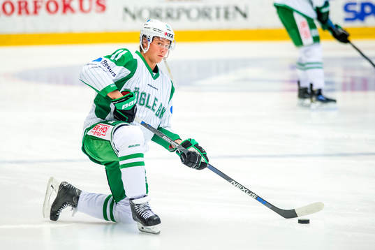 Rögles David Åslin före ishockeymatchen i SHL mellan