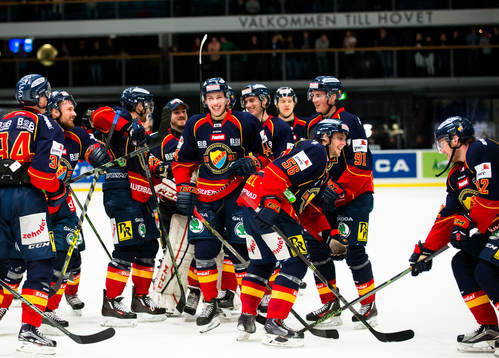 Djurgårdens spelare hoppar på isen och firar segern
