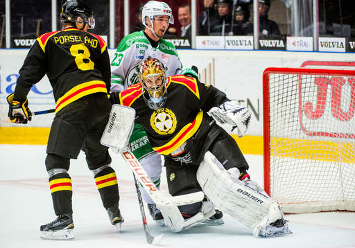 Brynäs målvakt Bernhard Starkbaum blir störd av Rögles