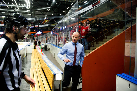 Modos tränare Andreas Johansson skriker åt domaren