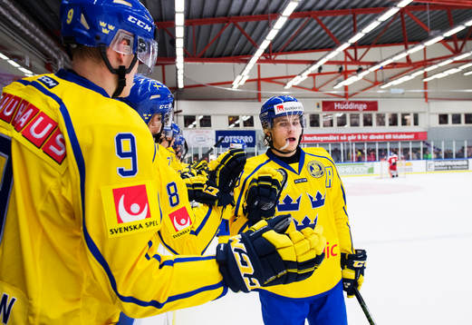 Sveriges Adrian Kempe jublar med lagkamrater