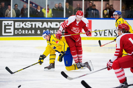 Sveriges Marcus Pettersson stoppar Danmarks Sören Nielsen